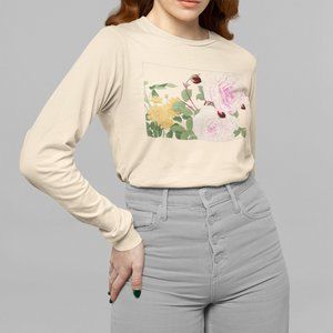 Japanese Roses Vintage Ukyio-e Print Long Sleeve Graphic Tee T-shirt S M L XL